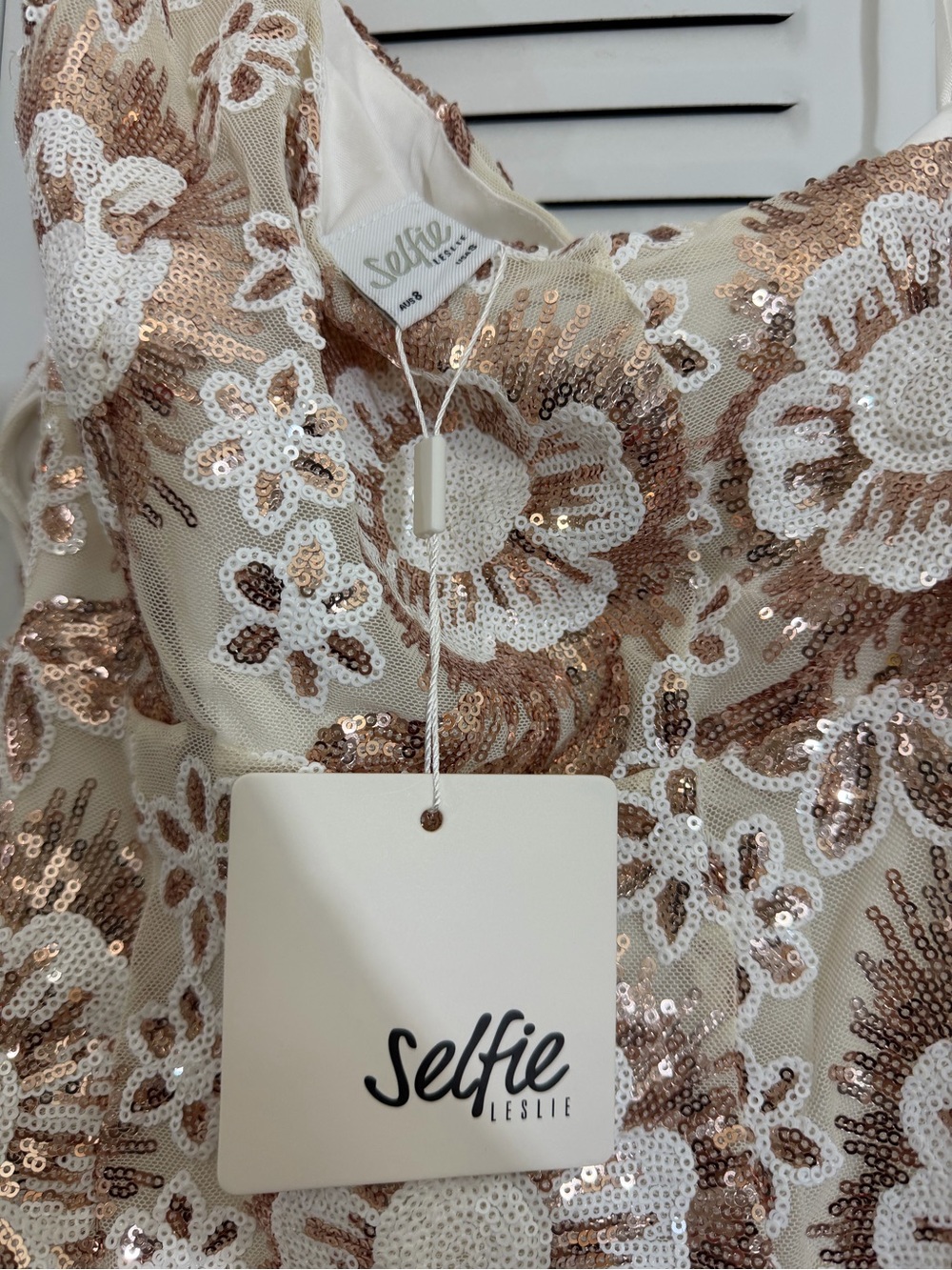 Selfie Leslie White Mini Dress with brown Gold Lace Accents - Picture 5 of 8